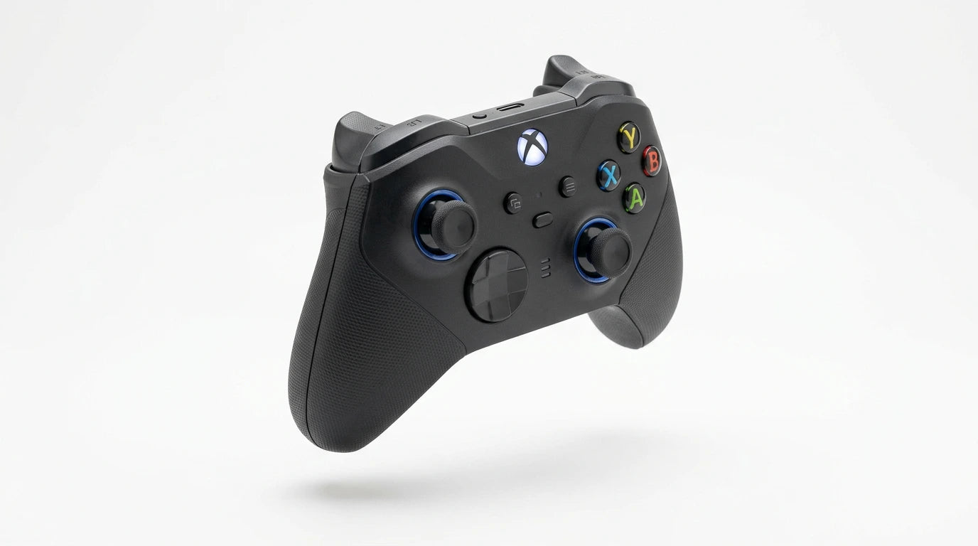 future tech gadgets Canada. premium tech accessories Canada. Machenike G5 Pro V2 Tri-Mode Controller. Gallery image 7. The image features a black gaming controller, prominently centered against a seamless white background. The controller has a textured grip and features colorful buttons labeled A, B, X, and Y in green, red, blue, and yellow, respectively. Two analog sticks are located on either side, with a central button featuring a diamond pattern.