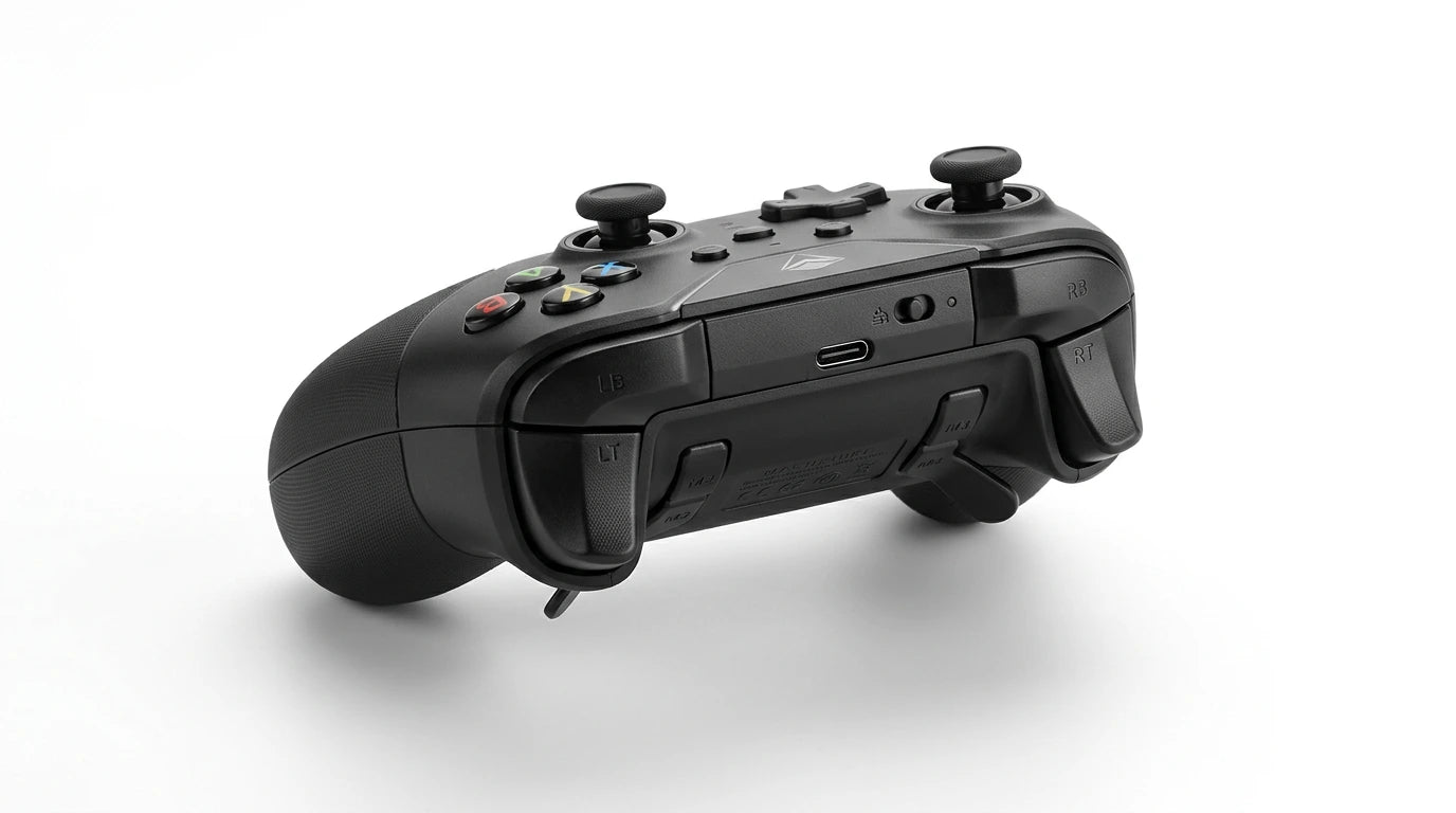 future tech gadgets Canada. premium tech accessories Canada. Machenike G5 Pro V2 Tri-Mode Controller. Gallery image 8. The image features a black gaming controller positioned at a slight angle, showcasing its back side. The controller is centered against a seamless white background, highlighting its sleek design. The surface is matte with textured grips on the sides for better handling.