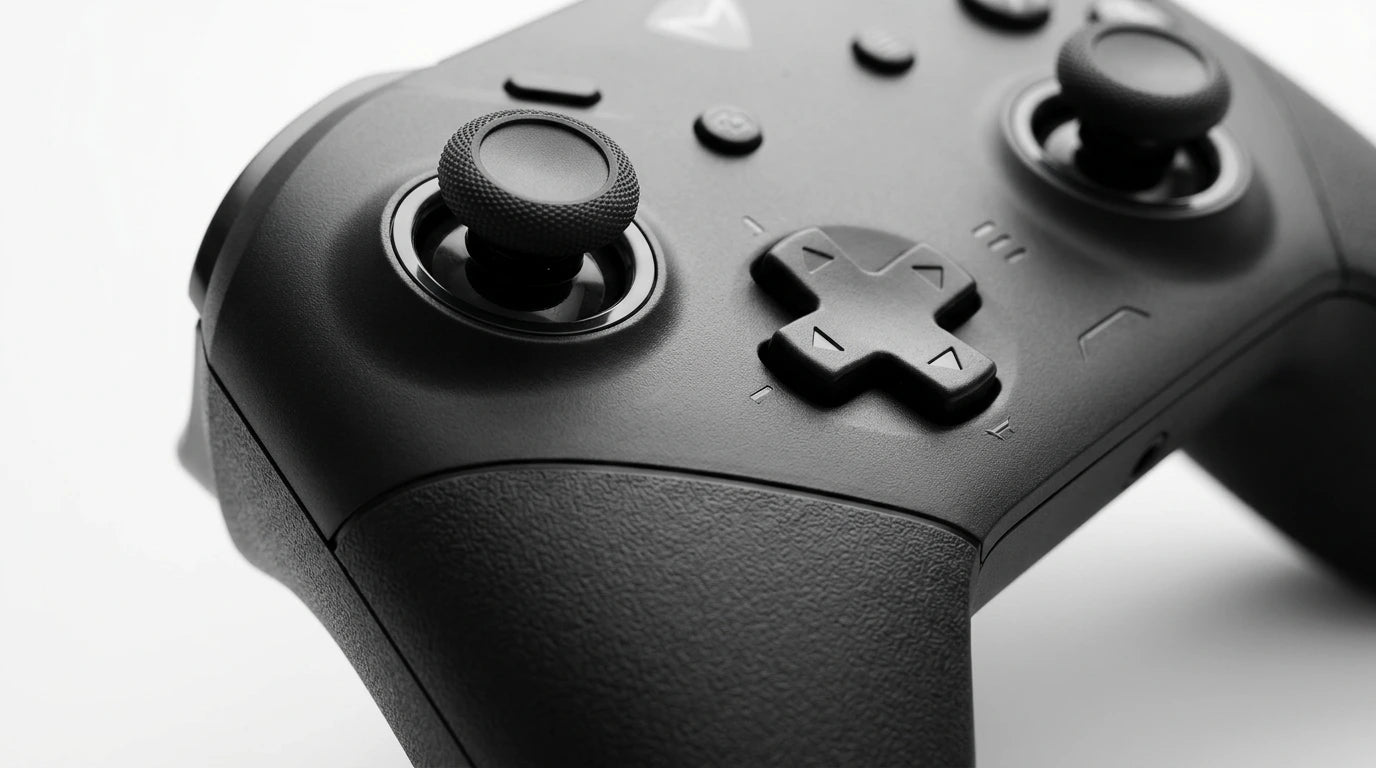 future tech gadgets Canada. premium tech accessories Canada. Machenike G5 Pro V2 Tri-Mode Controller. Gallery image 9. The image features a close-up view of a black gaming controller, angled slightly to the right. The controller's textured grip is prominent, with two analog sticks positioned on the left and right, each topped with a knurled surface for better grip. The central directional pad and four action buttons are visible, along with several additional buttons and indicators.