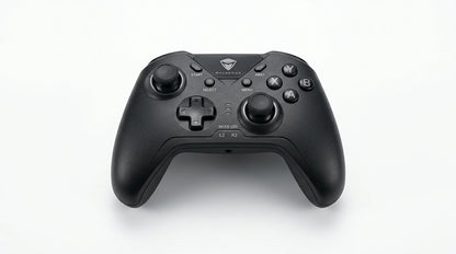 future tech gadgets Canada. premium tech accessories Canada. Machenike G5 Pro V2 Tri-Mode Controller. Gallery image 10. The game controller is centered in the frame, viewed from above against a seamless white background. It features a matte black finish with a textured grip, and the layout includes two analog sticks, a directional pad, and several buttons labeled A, B, X, and Y. The controller has a triangular logo at the top and visible labels for the L2 and R2 buttons.