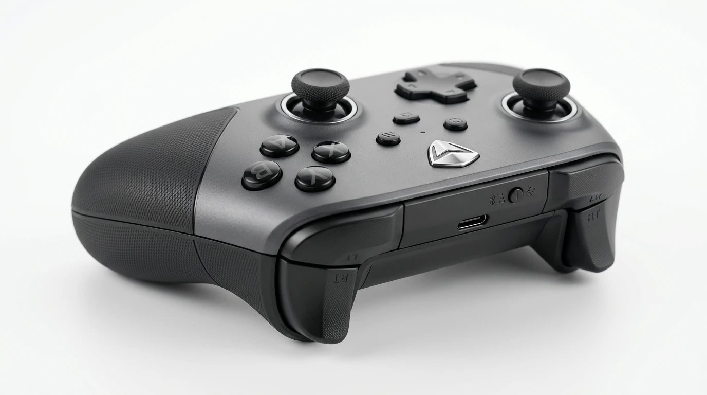 future tech gadgets Canada. premium tech accessories Canada. Machenike G6 Pro Tri-Mode Controller. Gallery image 5. Lines name one specific SKU—never substitute a generic lookalike from the category. After review passes, each render should still read as a fresh studio viewpoint of that same physical unit.