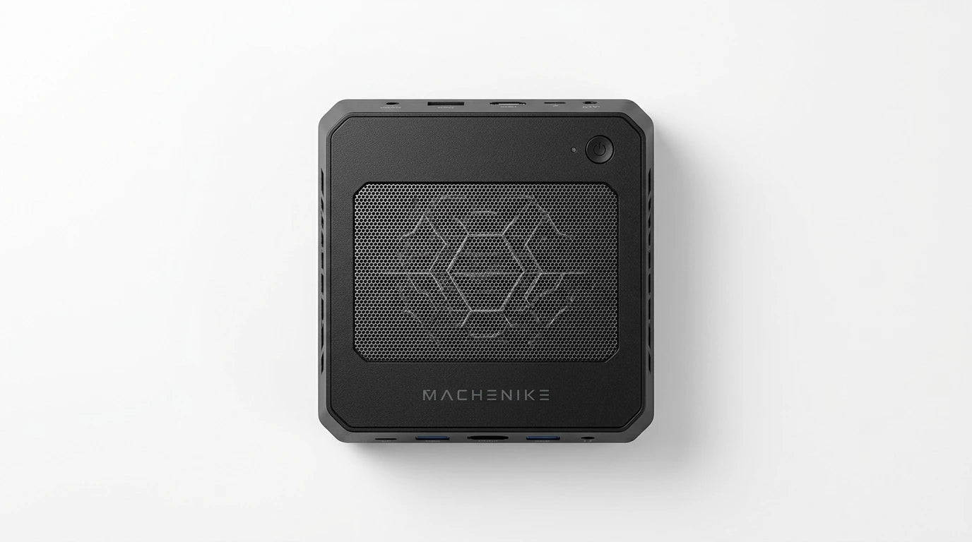 future tech gadgets Canada. gaming handheld PC Canada. Machenike GTX PH94H28 Mini PC. Gallery image 3. The product is a compact black computer unit, centered in the frame against a seamless white background. The top features a textured hexagonal mesh pattern, with the brand name "MACHENIKE" printed in bold letters near the bottom edge. A small power button is located in the upper right corner.