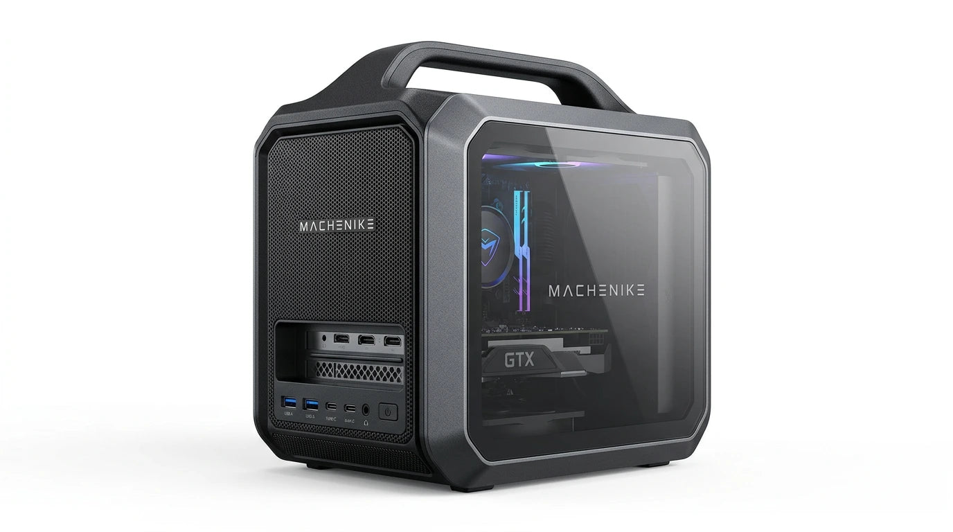 future tech gadgets Canada. gaming handheld PC Canada. Machenike GTX PH94H28 Mini PC. Gallery image 4. The compact gaming PC is positioned at a slight angle, showcasing its sleek design and transparent side panel. The exterior features a matte black finish with a textured surface on the left side and a smooth, glossy right side.
