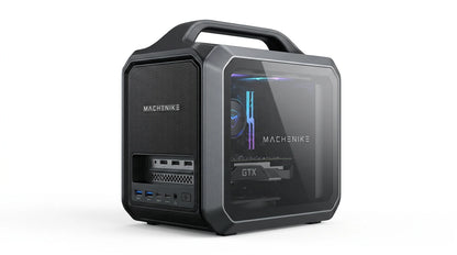 future tech gadgets Canada. gaming handheld PC Canada. Machenike GTX PH94H28 Mini PC. Gallery image 4. The compact gaming PC is positioned at a slight angle, showcasing its sleek design and transparent side panel. The exterior features a matte black finish with a textured surface on the left side and a smooth, glossy right side.