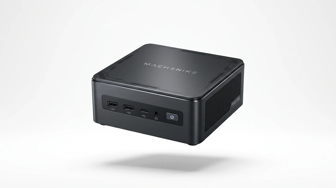 future tech gadgets Canada. gaming handheld PC Canada. Machenike GTX PH94H28 Mini PC. Gallery image 6. The compact black mini PC is centered in the frame, slightly angled to showcase its front and side features. It has a matte finish with a subtle texture on top, where the logo "MACHENIKE" is prominently displayed. The front panel includes two USB ports, a USB-C port, an audio jack, and a power button, all clearly visible.