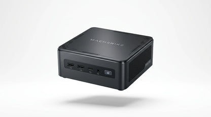 future tech gadgets Canada. gaming handheld PC Canada. Machenike GTX PH94H28 Mini PC. Gallery image 6. The compact black mini PC is centered in the frame, slightly angled to showcase its front and side features. It has a matte finish with a subtle texture on top, where the logo "MACHENIKE" is prominently displayed. The front panel includes two USB ports, a USB-C port, an audio jack, and a power button, all clearly visible.