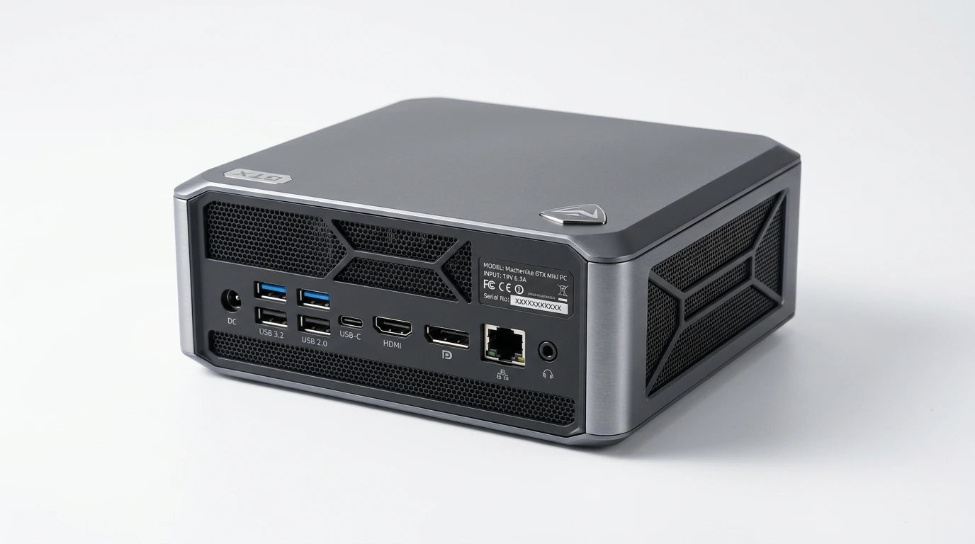 future tech gadgets Canada. gaming handheld PC Canada. Machenike GTX PH94H28 Mini PC. Gallery image 7. The compact desktop computer is positioned at an angle, showcasing its rear ports and vents. The device features a sleek, matte gray finish with a brushed metal accent on the top edge. Various ports, including multiple USB connections, HDMI, and an Ethernet jack, are visible on the back, along with a small logo in the upper corner.