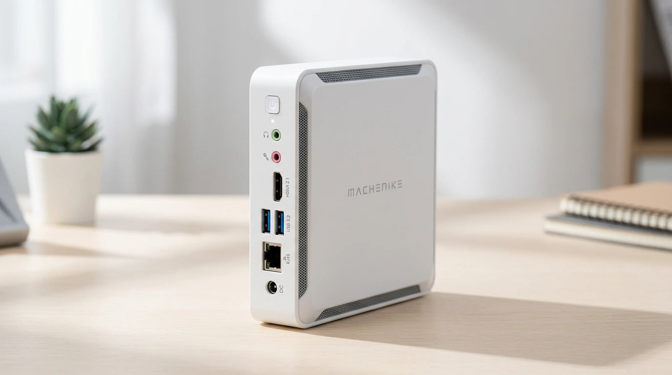 future tech gadgets Canada. smart tech store Canada. Machenike GTX PH94H48 Mini PC. Gallery image 3. The compact white computer is positioned at a slight angle on a light wooden desk, showcasing its sleek design. The front features a power button with a status LED, audio jacks, and multiple USB ports, all clearly visible. A small potted plant sits to the left, adding a touch of greenery to the scene, while a closed notebook is partially visible in the background.