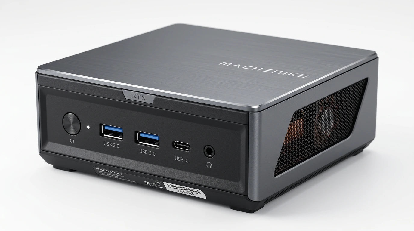 future tech gadgets Canada. smart tech store Canada. Machenike GTX PH94H48 Mini PC. Gallery image 5. The compact desktop computer is positioned at a slight angle, showcasing its front and right side. The body features a brushed metallic finish in dark gray, with a matte black section housing various ports. Visible are two USB 3.0 ports, one USB 2.0 port, a USB-C port, and a headphone jack, all clearly labeled. A power button with a circular design is located on the left side.