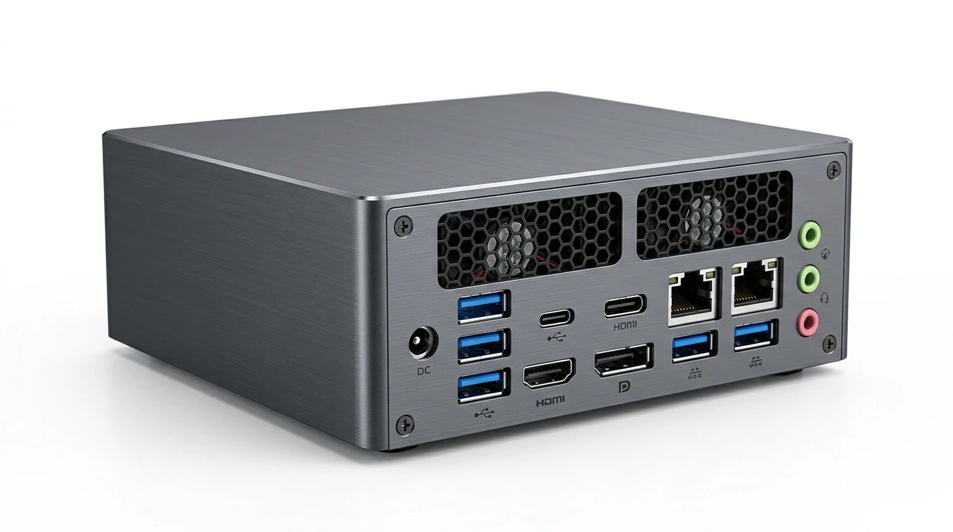 future tech gadgets Canada. smart tech store Canada. Machenike GTX PH94H48 Mini PC. Gallery image 6. The image shows a compact, rectangular computer unit positioned at a slight angle, revealing its back and side. The surface is a brushed metallic gray, with a smooth finish. Several ports are visible, including multiple USB ports, HDMI, and Ethernet connections, along with a power input. A small fan is partially visible behind a hexagonal grille, suggesting ventilation.