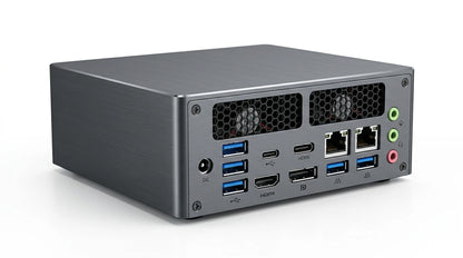 future tech gadgets Canada. smart tech store Canada. Machenike GTX PH94H48 Mini PC. Gallery image 6. The image shows a compact, rectangular computer unit positioned at a slight angle, revealing its back and side. The surface is a brushed metallic gray, with a smooth finish. Several ports are visible, including multiple USB ports, HDMI, and Ethernet connections, along with a power input. A small fan is partially visible behind a hexagonal grille, suggesting ventilation.
