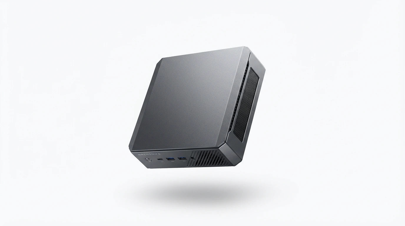 future tech gadgets Canada. smart tech store Canada. Machenike GTX PH94H48 Mini PC. Gallery image 7. The product is a compact, rectangular desktop computer, shown floating against a seamless white background. The unit features a matte black finish with a subtle texture, and its front side displays several ports, including USB connections and a power button. A mesh grille is visible on one side, suggesting ventilation. The lighting is soft, highlighting the sleek design without harsh shadows.