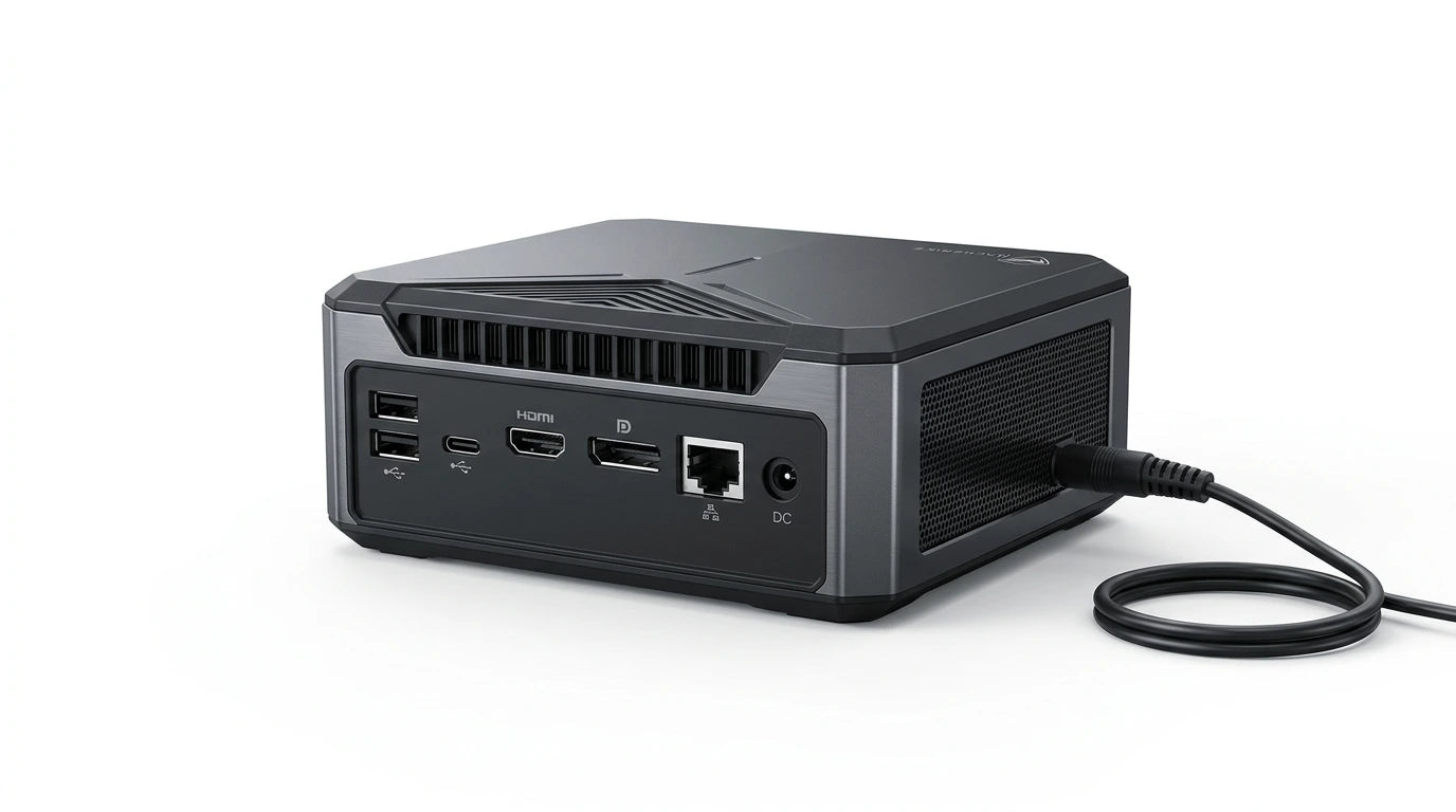 future tech gadgets Canada. smart tech store Canada. Machenike GTX PH94H48 Mini PC. Gallery image 8. The product is a compact, rectangular device positioned at an angle, showcasing its rear side. It features a matte black finish with silver accents and a textured top surface. The back panel displays multiple ports, including two USB-A, one USB-C, an HDMI, a DisplayPort, an Ethernet port, and a DC power input. A power cable is plugged into the DC port.