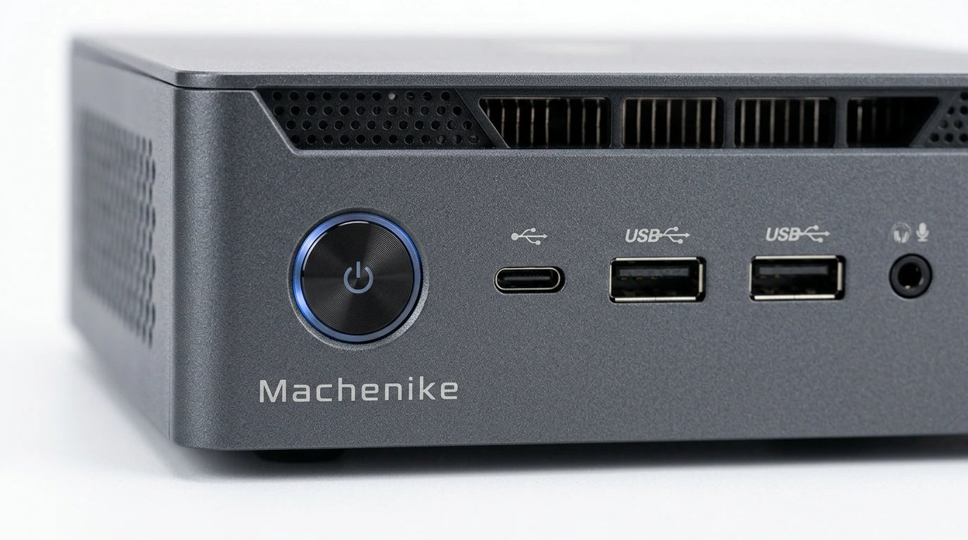 future tech gadgets Canada. smart tech store Canada. Machenike GTX PH94H48 Mini PC. Gallery image 9. The product is a compact gray desktop computer, positioned at an angle in the frame, showcasing its front panel. The surface is a smooth white backdrop, enhancing the product's sleek design. The lighting is bright and even, highlighting the matte finish of the body.