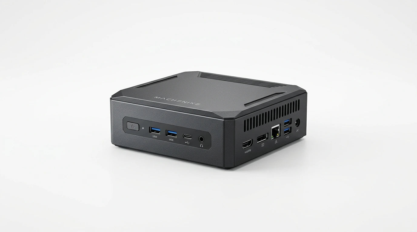 future tech gadgets Canada. smart tech store Canada. Machenike GTX PH94H48 Mini PC. Gallery image 10. The compact black computer is positioned at a slight angle, showcasing its front and side. It features a textured surface with a matte finish and a prominent logo on the top. The front panel includes a power button, multiple USB ports, and an audio jack, while the side displays additional ports, including HDMI and USB-C. The background is a seamless white, enhancing the product's sleek design.