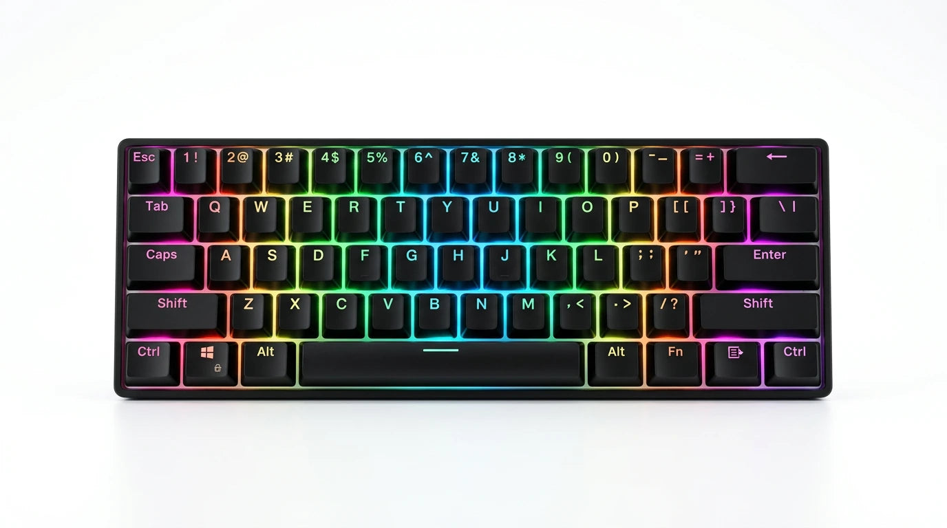 future tech gadgets Canada. premium tech accessories Canada. Machenike K500-B61 Wired RGB Mechanical Keyboard. Gallery image 2. Lines name one specific SKU—never substitute a generic lookalike from the category. After review passes, each render should still read as a fresh studio viewpoint of that same physical unit.