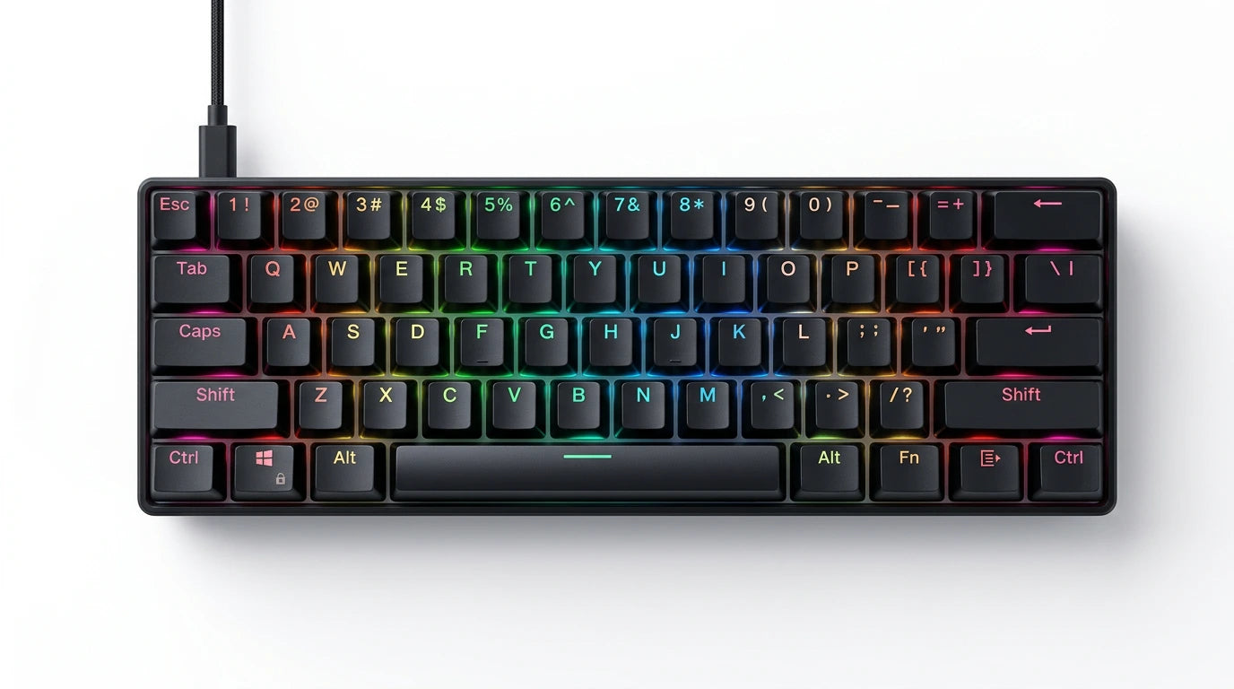future tech gadgets Canada. premium tech accessories Canada. Machenike K500-B61 Wired RGB Mechanical Keyboard. Gallery image 4. Lines name one specific SKU—never substitute a generic lookalike from the category. After review passes, each render should still read as a fresh studio viewpoint of that same physical unit.