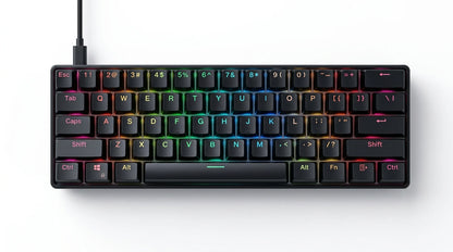 future tech gadgets Canada. premium tech accessories Canada. Machenike K500-B61 Wired RGB Mechanical Keyboard. Gallery image 4. Lines name one specific SKU—never substitute a generic lookalike from the category. After review passes, each render should still read as a fresh studio viewpoint of that same physical unit.