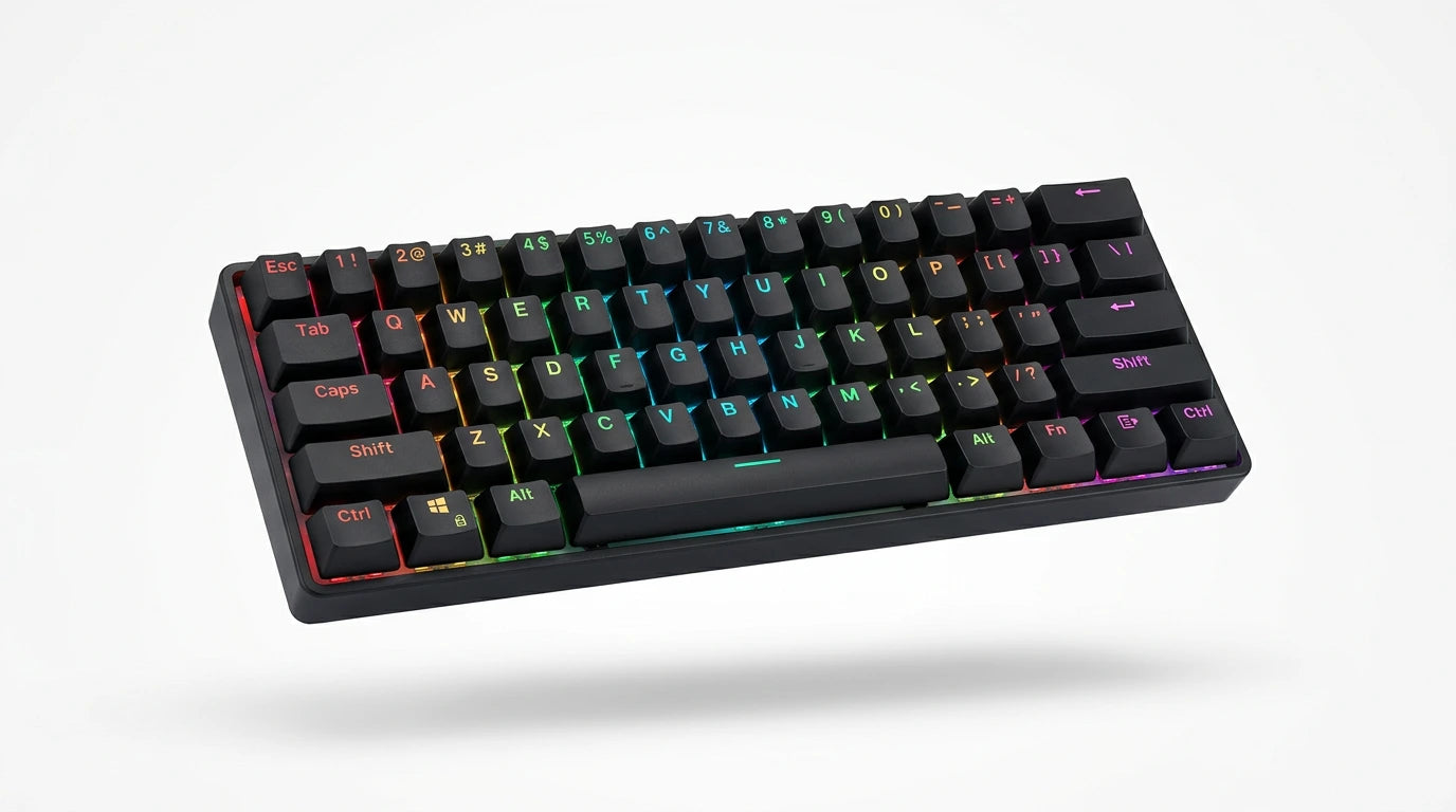 future tech gadgets Canada. premium tech accessories Canada. Machenike K500-B61 Wired RGB Mechanical Keyboard. Gallery image 7. Lines name one specific SKU—never substitute a generic lookalike from the category. After review passes, each render should still read as a fresh studio viewpoint of that same physical unit.