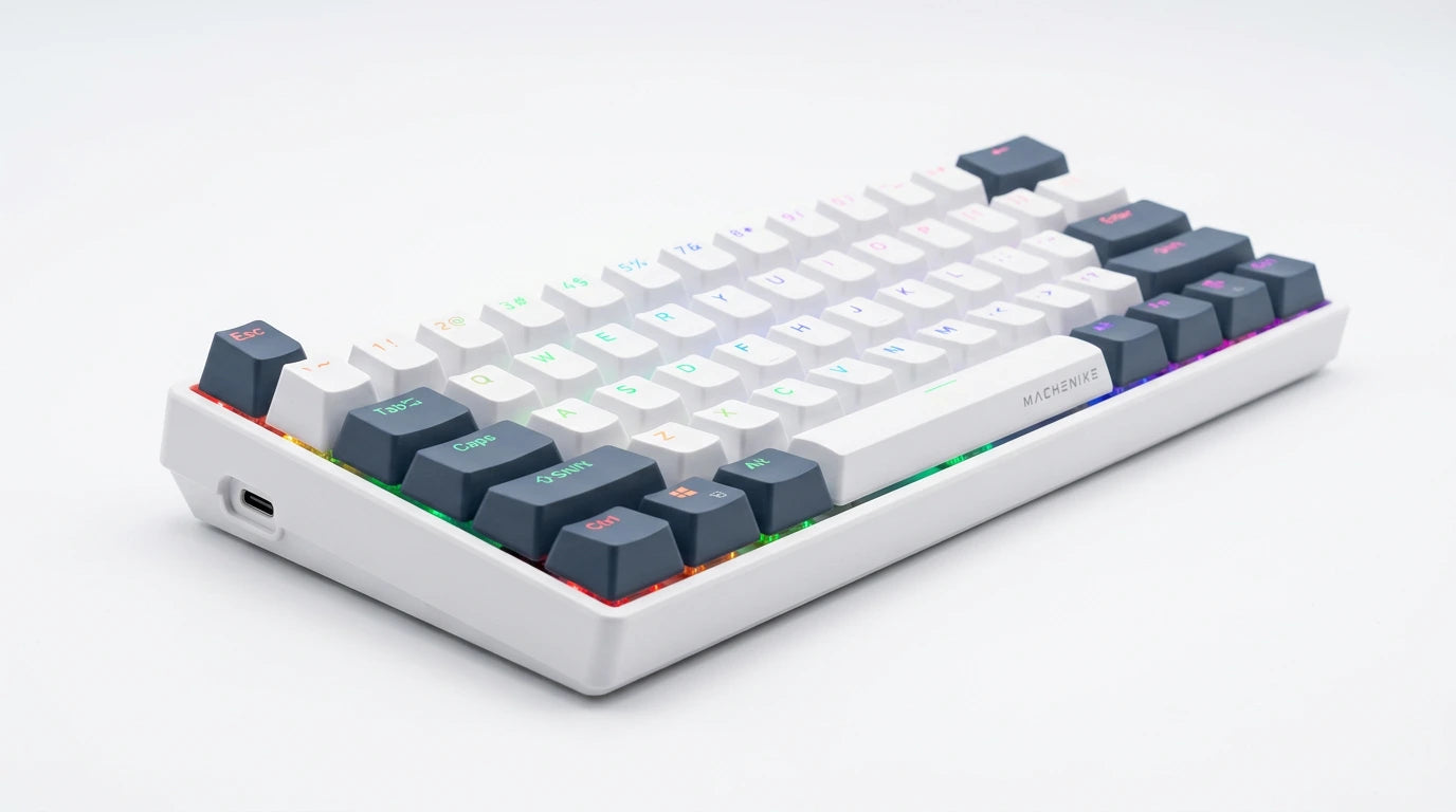 future tech gadgets Canada. premium tech accessories Canada. Machenike K500-B61 Wired RGB Mechanical Keyboard. Gallery image 8. Lines name one specific SKU—never substitute a generic lookalike from the category. After review passes, each render should still read as a fresh studio viewpoint of that same physical unit.