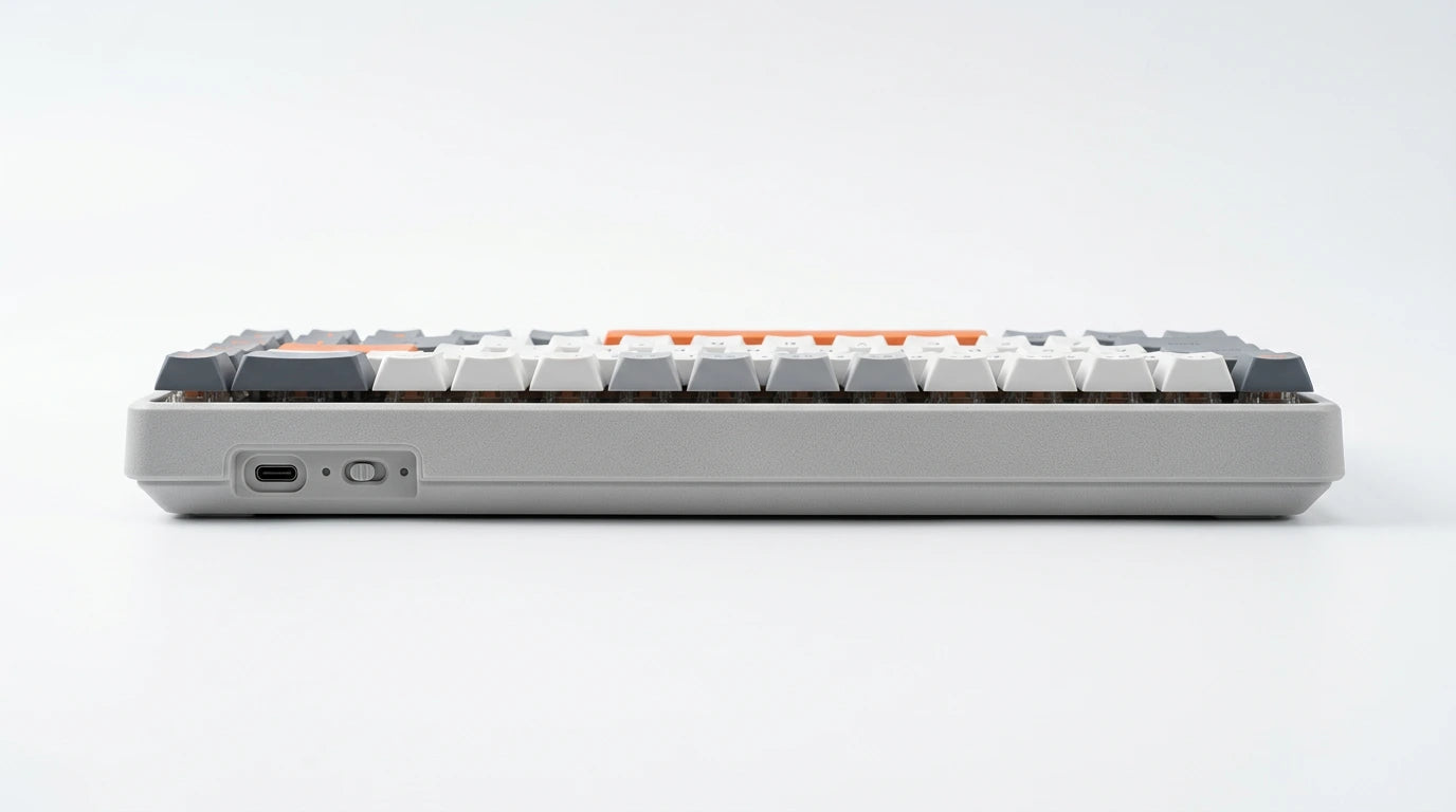future tech gadgets Canada. premium tech accessories Canada. Machenike K500-B61W Tri-mode Mechanical Keyboard. Gallery image 3. Lines name one specific SKU—never substitute a generic lookalike from the category. After review passes, each render should still read as a fresh studio viewpoint of that same physical unit.