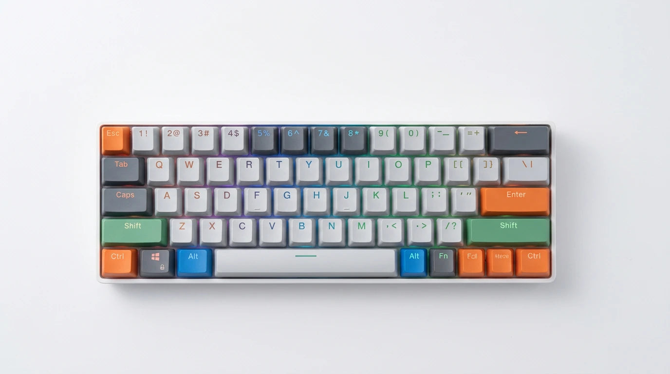 future tech gadgets Canada. premium tech accessories Canada. Machenike K500-B61W Tri-mode Mechanical Keyboard. Gallery image 4. Lines name one specific SKU—never substitute a generic lookalike from the category. After review passes, each render should still read as a fresh studio viewpoint of that same physical unit.