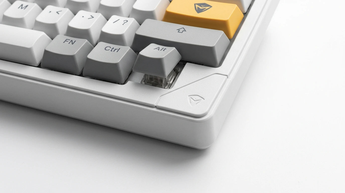 future tech gadgets Canada. premium tech accessories Canada. Machenike K500-B61W Tri-mode Mechanical Keyboard. Gallery image 5. Lines name one specific SKU—never substitute a generic lookalike from the category. After review passes, each render should still read as a fresh studio viewpoint of that same physical unit.