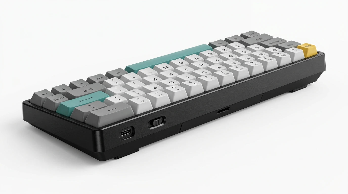 future tech gadgets Canada. premium tech accessories Canada. Machenike K500-B61W Tri-mode Mechanical Keyboard. Gallery image 8. Lines name one specific SKU—never substitute a generic lookalike from the category. After review passes, each render should still read as a fresh studio viewpoint of that same physical unit.