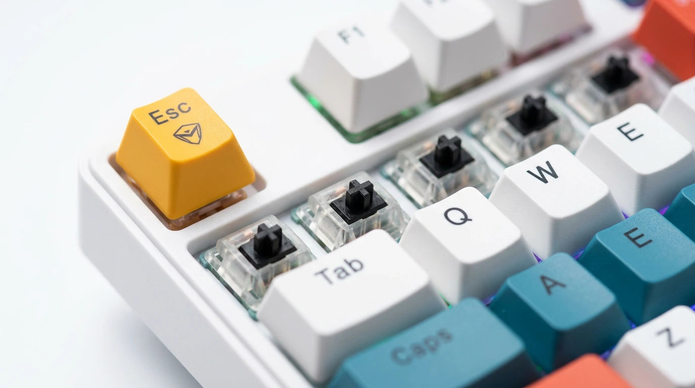 future tech gadgets Canada. premium tech accessories Canada. Machenike K500-B61W Tri-mode Mechanical Keyboard. Gallery image 9. Lines name one specific SKU—never substitute a generic lookalike from the category. After review passes, each render should still read as a fresh studio viewpoint of that same physical unit.