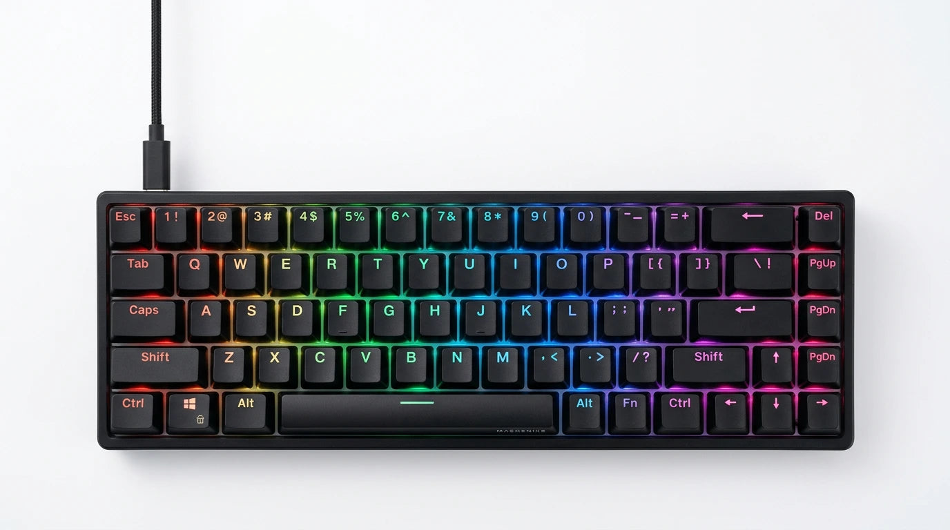 future tech gadgets Canada. premium tech accessories Canada. Machenike K500-B68 Wired RGB Mechanical Keyboard. Gallery image 4. Lines name one specific SKU—never substitute a generic lookalike from the category. After review passes, each render should still read as a fresh studio viewpoint of that same physical unit.