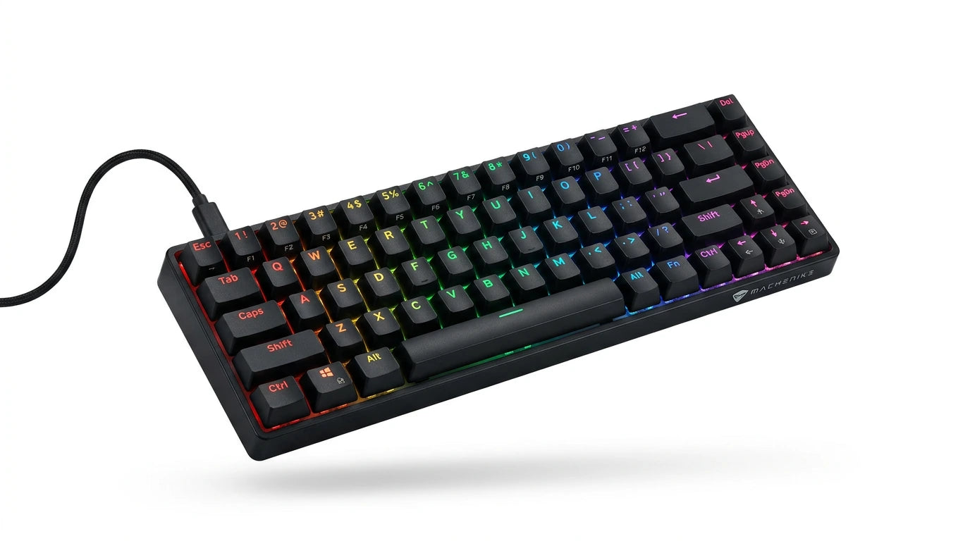 future tech gadgets Canada. premium tech accessories Canada. Machenike K500-B68 Wired RGB Mechanical Keyboard. Gallery image 7. Lines name one specific SKU—never substitute a generic lookalike from the category. After review passes, each render should still read as a fresh studio viewpoint of that same physical unit.