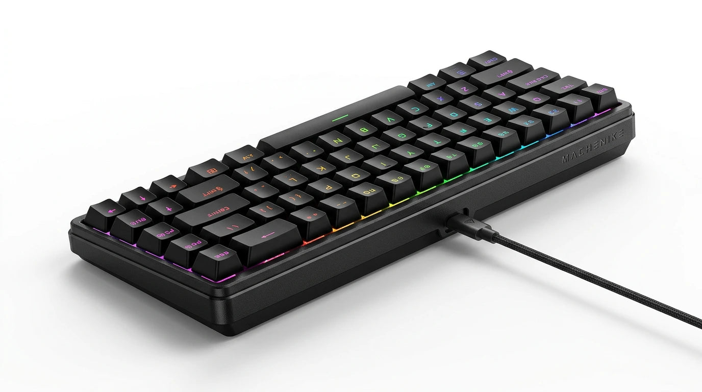 future tech gadgets Canada. premium tech accessories Canada. Machenike K500-B68 Wired RGB Mechanical Keyboard. Gallery image 8. Lines name one specific SKU—never substitute a generic lookalike from the category. After review passes, each render should still read as a fresh studio viewpoint of that same physical unit.