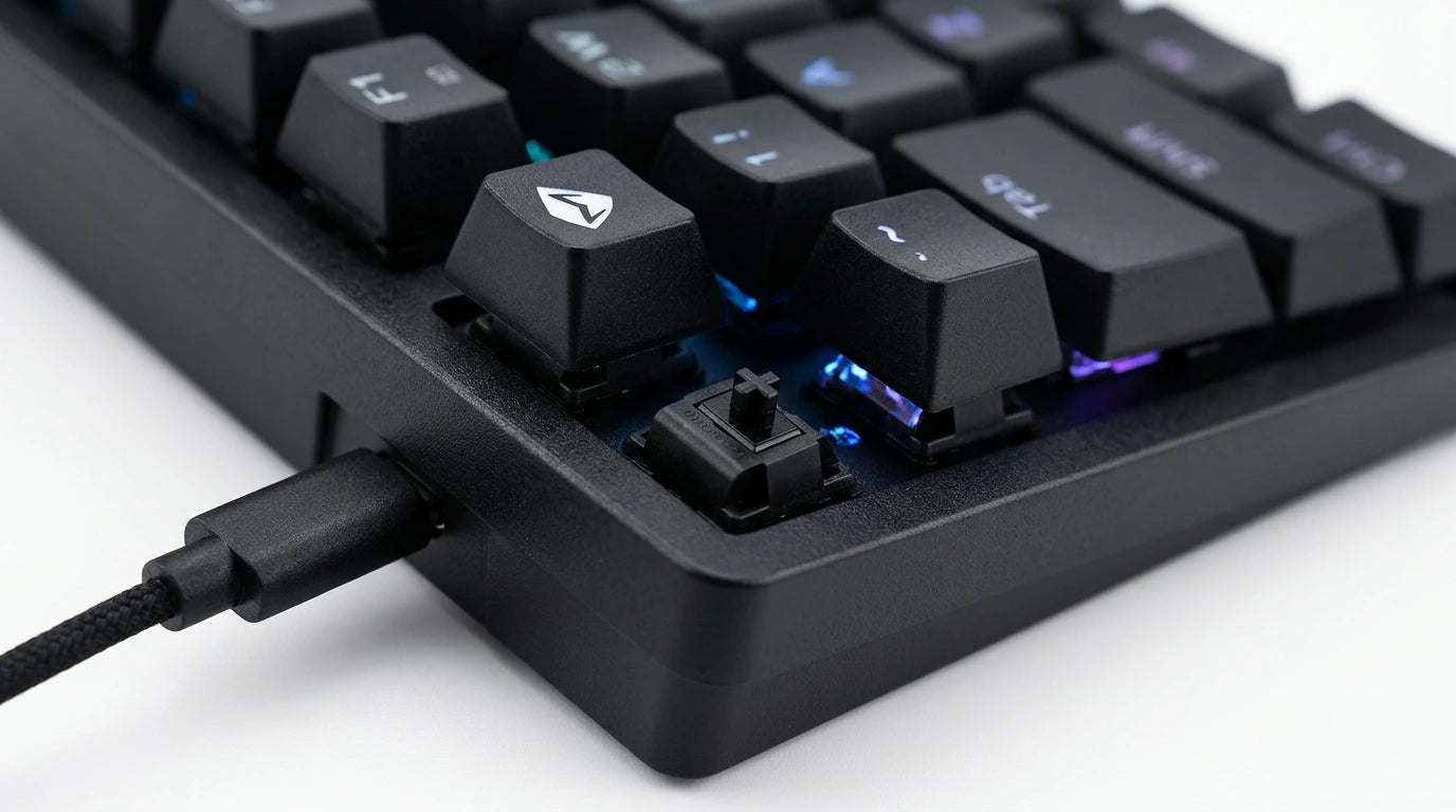 future tech gadgets Canada. premium tech accessories Canada. Machenike K500-B68 Wired RGB Mechanical Keyboard. Gallery image 9. Lines name one specific SKU—never substitute a generic lookalike from the category. After review passes, each render should still read as a fresh studio viewpoint of that same physical unit.
