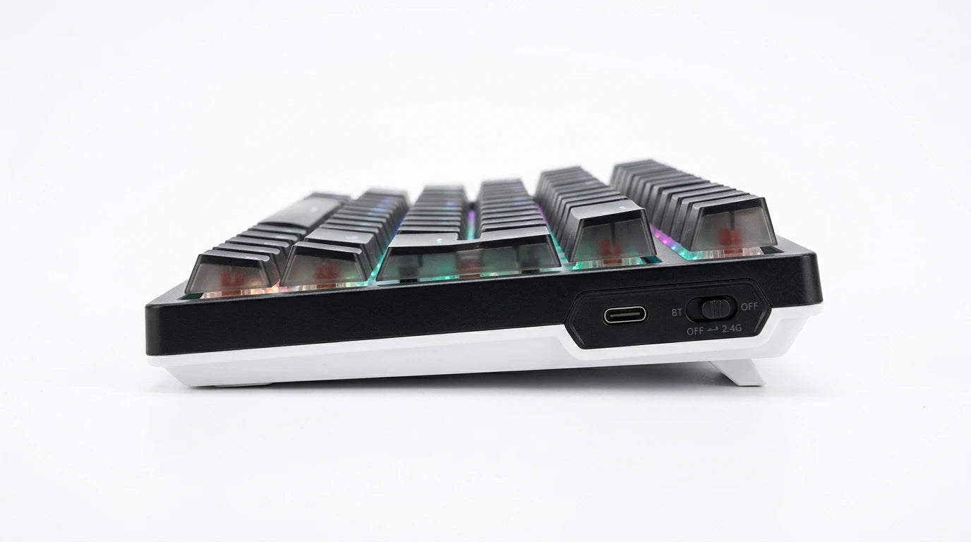 future tech gadgets Canada. premium tech accessories Canada. Machenike K600-B82W RGB Mechanical Keyboard. Gallery image 3. Lines name one specific SKU—never substitute a generic lookalike from the category. After review passes, each render should still read as a fresh studio viewpoint of that same physical unit.