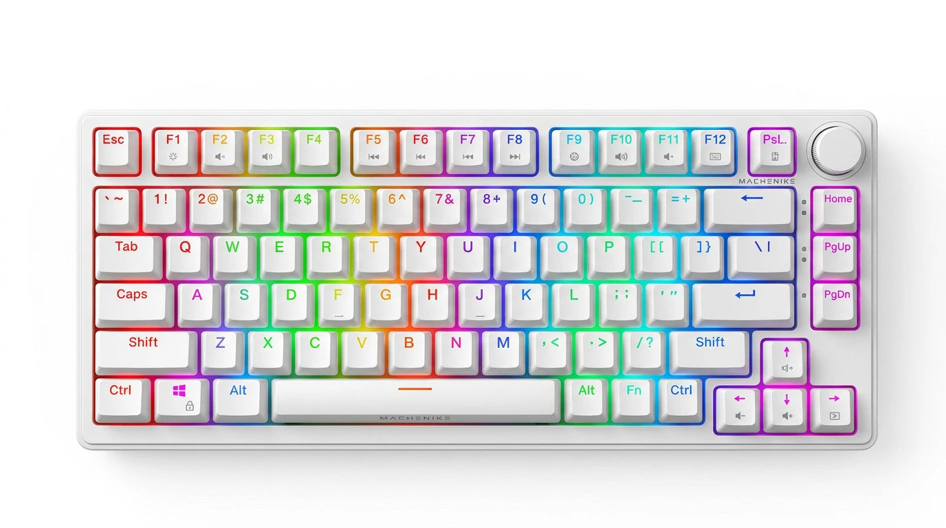 future tech gadgets Canada. premium tech accessories Canada. Machenike K600-B82W RGB Mechanical Keyboard. Gallery image 4. Lines name one specific SKU—never substitute a generic lookalike from the category. After review passes, each render should still read as a fresh studio viewpoint of that same physical unit.