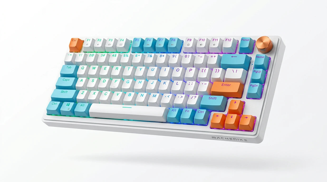 future tech gadgets Canada. premium tech accessories Canada. Machenike K600-B82W RGB Mechanical Keyboard. Gallery image 7. Lines name one specific SKU—never substitute a generic lookalike from the category. After review passes, each render should still read as a fresh studio viewpoint of that same physical unit.