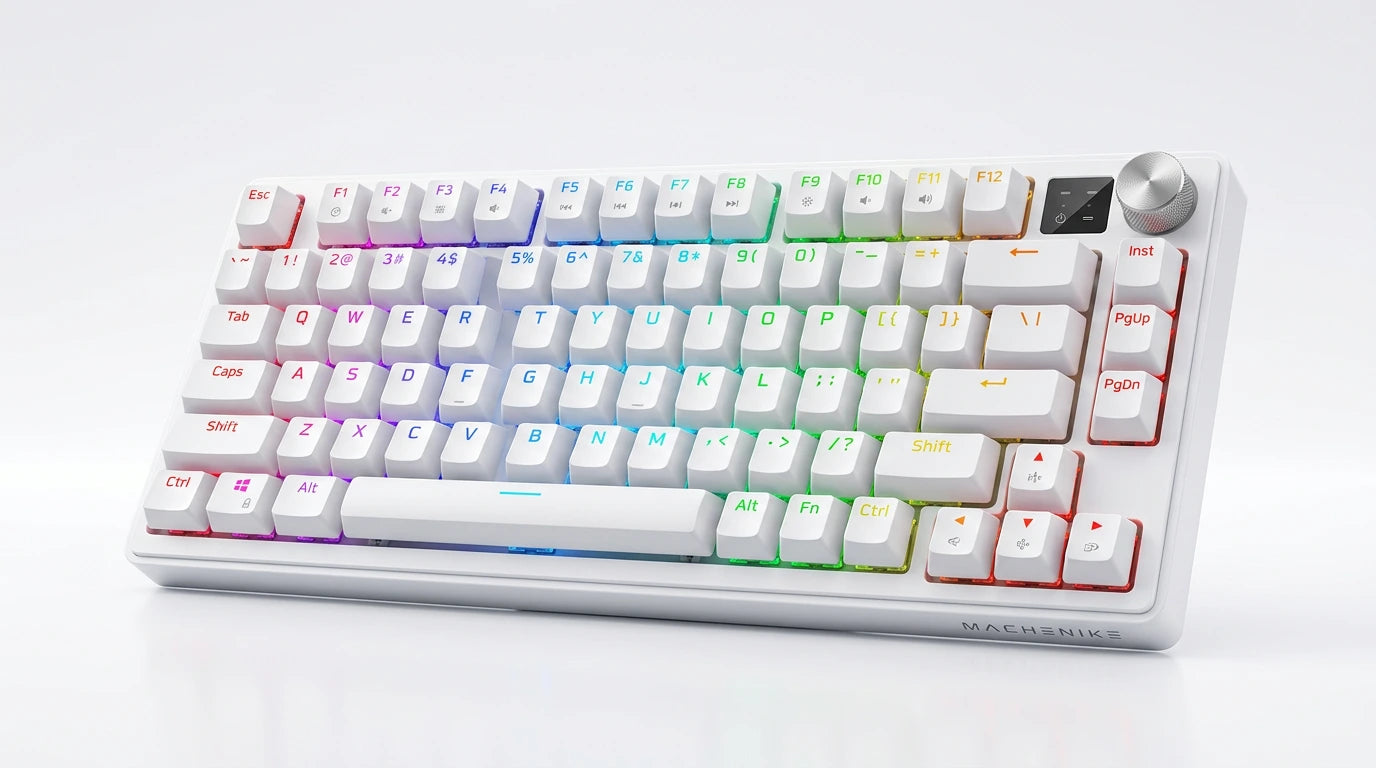 future tech gadgets Canada. premium tech accessories Canada. Machenike K600-B82W RGB Mechanical Keyboard. Gallery image 8. Lines name one specific SKU—never substitute a generic lookalike from the category. After review passes, each render should still read as a fresh studio viewpoint of that same physical unit.