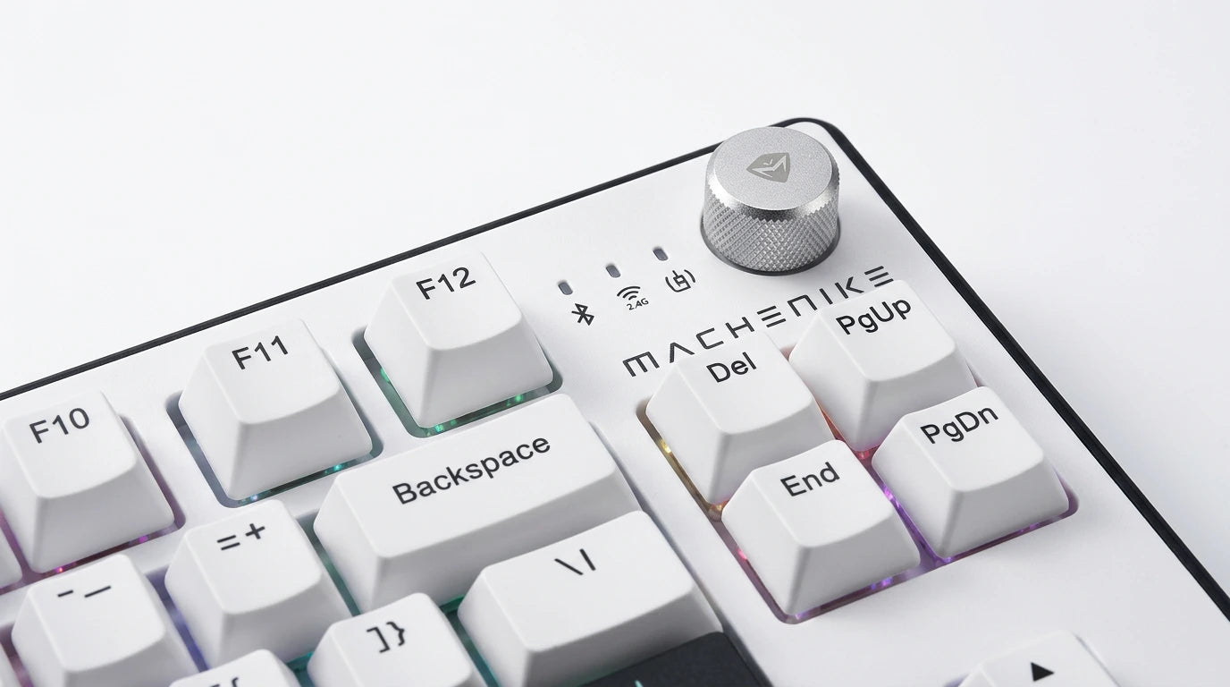 future tech gadgets Canada. premium tech accessories Canada. Machenike K600-B82W RGB Mechanical Keyboard. Gallery image 9. Lines name one specific SKU—never substitute a generic lookalike from the category. After review passes, each render should still read as a fresh studio viewpoint of that same physical unit.