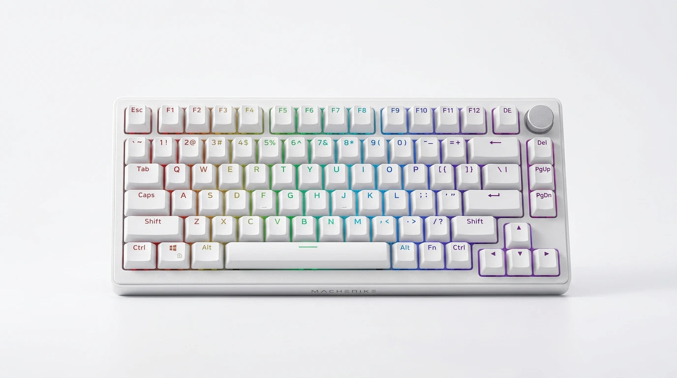 future tech gadgets Canada. premium tech accessories Canada. Machenike K600-B82W RGB Mechanical Keyboard. Gallery image 10. Lines name one specific SKU—never substitute a generic lookalike from the category. After review passes, each render should still read as a fresh studio viewpoint of that same physical unit.