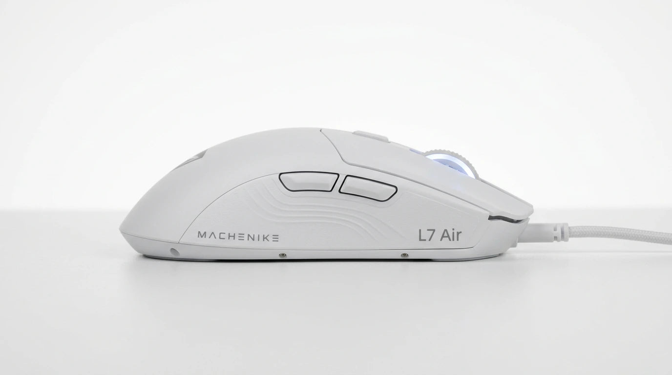 future tech gadgets Canada. premium tech accessories Canada. Machenike L7 Air Tri-Mode Mouse. Gallery image 4. Lines name one specific SKU—never substitute a generic lookalike from the category. After review passes, each render should still read as a fresh studio viewpoint of that same physical unit.