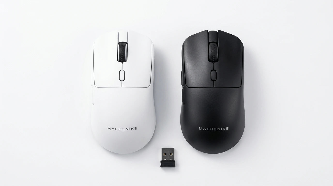 future tech gadgets Canada. premium tech accessories Canada. Machenike L7 Air Tri-Mode Mouse. Gallery image 3. Lines name one specific SKU—never substitute a generic lookalike from the category. After review passes, each render should still read as a fresh studio viewpoint of that same physical unit.