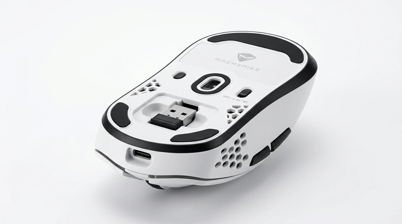 future tech gadgets Canada. premium tech accessories Canada. Machenike L7 Air Tri-Mode Mouse. Gallery image 6. Lines name one specific SKU—never substitute a generic lookalike from the category. After review passes, each render should still read as a fresh studio viewpoint of that same physical unit.