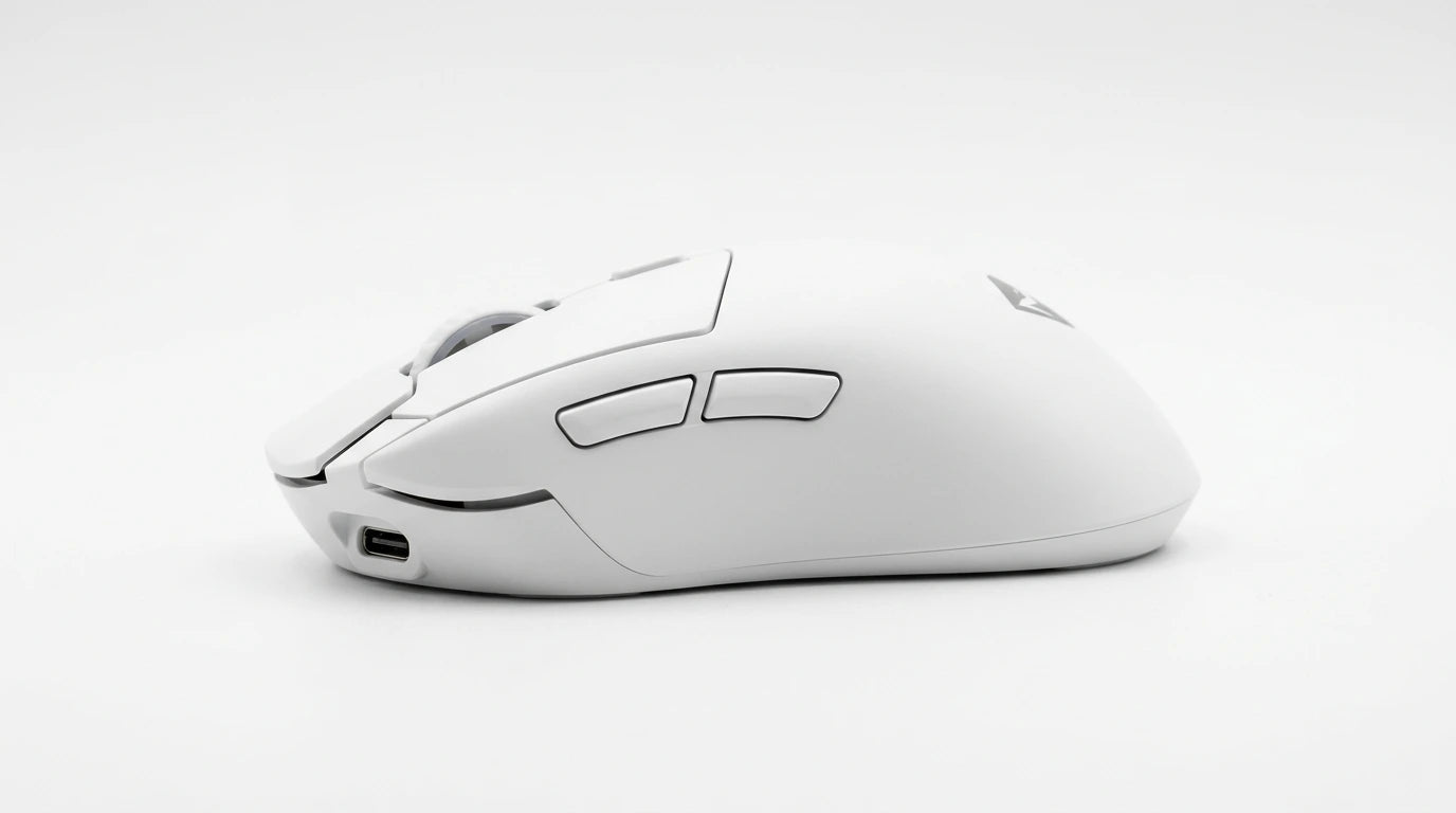 future tech gadgets Canada. premium tech accessories Canada. Machenike L7 Mix Tri-Mode Mouse. Gallery image 3. Lines name one specific SKU—never substitute a generic lookalike from the category. After review passes, each render should still read as a fresh studio viewpoint of that same physical unit.