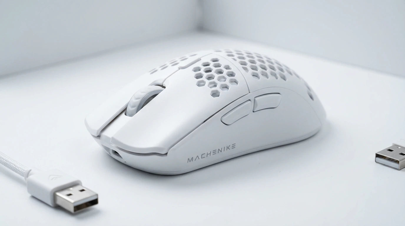 future tech gadgets Canada. premium tech accessories Canada. Machenike L7 Mix Tri-Mode Mouse. Gallery image 5. Lines name one specific SKU—never substitute a generic lookalike from the category. After review passes, each render should still read as a fresh studio viewpoint of that same physical unit.