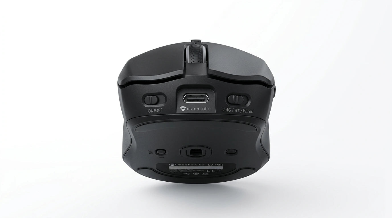 future tech gadgets Canada. premium tech accessories Canada. Machenike L7 Mix Tri-Mode Mouse. Gallery image 6. Lines name one specific SKU—never substitute a generic lookalike from the category. After review passes, each render should still read as a fresh studio viewpoint of that same physical unit.