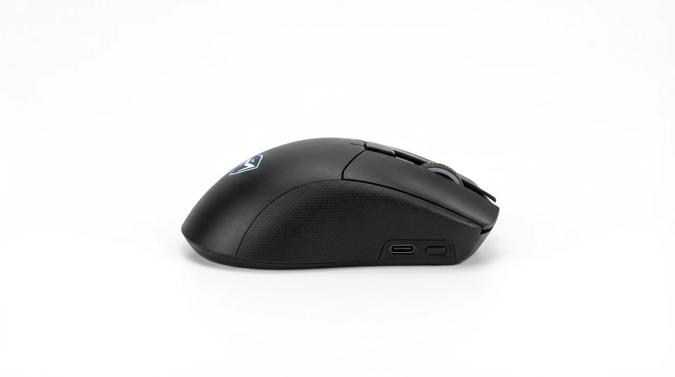 next gen electronics shop. wireless audio Canada. Machenike L8 Max Tri-Mode Mouse. Gallery image 3. Lines name one specific SKU—never substitute a generic lookalike from the category. After review passes, each render should still read as a fresh studio viewpoint of that same physical unit.