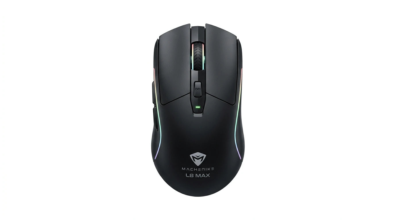 next gen electronics shop. wireless audio Canada. Machenike L8 Max Tri-Mode Mouse. Gallery image 4. Lines name one specific SKU—never substitute a generic lookalike from the category. After review passes, each render should still read as a fresh studio viewpoint of that same physical unit.