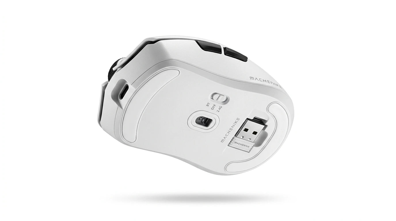 next gen electronics shop. wireless audio Canada. Machenike L8 Max Tri-Mode Mouse. Gallery image 6. Lines name one specific SKU—never substitute a generic lookalike from the category. After review passes, each render should still read as a fresh studio viewpoint of that same physical unit.