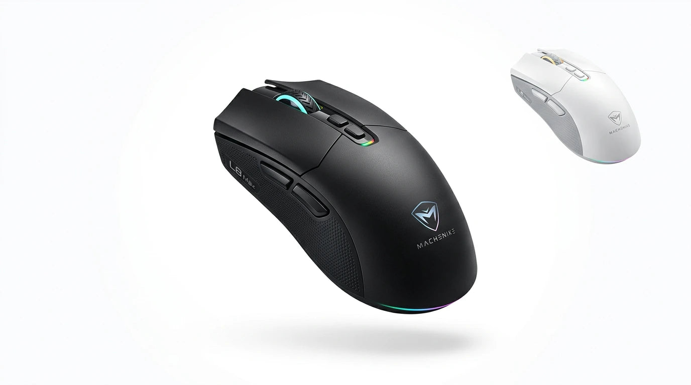 next gen electronics shop. wireless audio Canada. Machenike L8 Max Tri-Mode Mouse. Gallery image 7. Lines name one specific SKU—never substitute a generic lookalike from the category. After review passes, each render should still read as a fresh studio viewpoint of that same physical unit.