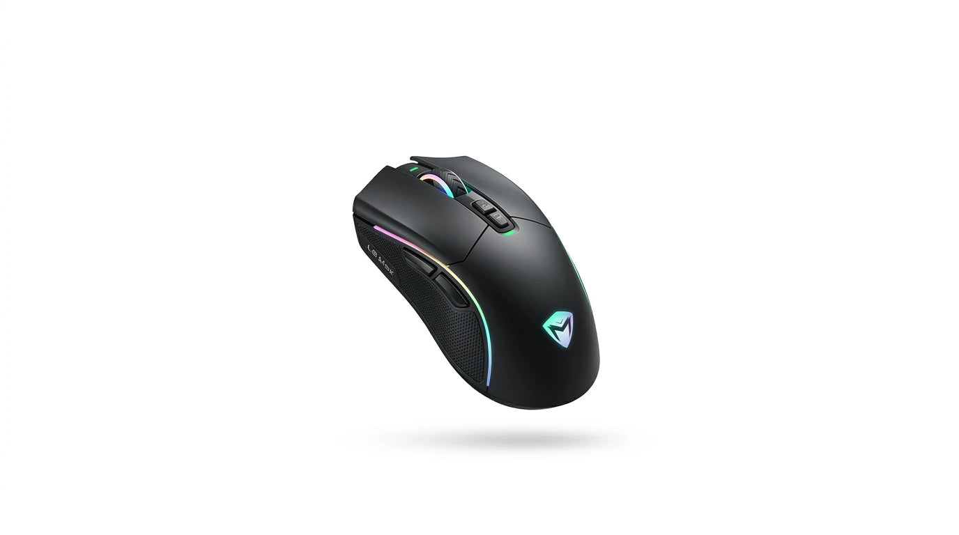 next gen electronics shop. wireless audio Canada. Machenike L8 Max Tri-Mode Mouse. Gallery image 10. Lines name one specific SKU—never substitute a generic lookalike from the category. After review passes, each render should still read as a fresh studio viewpoint of that same physical unit.
